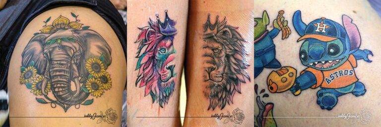 Four tattoos: an elephant with yellow flowers, a colorful lion with a crown, a black and gray lion with a crown, and a character in sports attire.