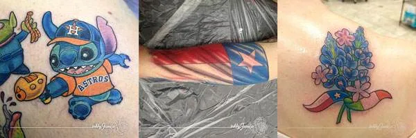 Three tattoos are shown: one of an animated character wearing an Astros jersey, another of a Texas flag, and a third of bluebonnets with a Texas flag ribbon.