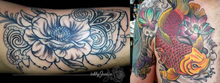 Left: Black and grey floral tattoo with intricate swirls. Right: Colorful koi fish tattoo with floral and water elements.