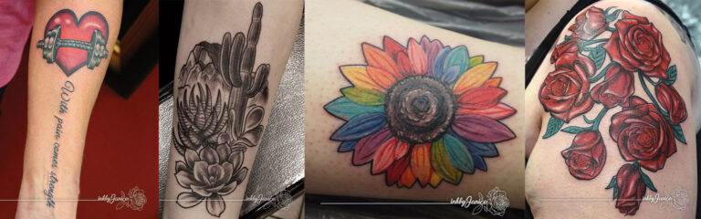 A collage of four tattoos: a heart with a banner, a detailed hand with flowers, a colorful sunflower, and a cluster of red roses.