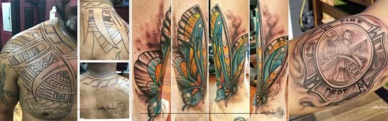 A series of photos showing various tattoos: a man with a Polynesian sleeve tattoo, a detailed colored butterfly tattoo across the forearm, and a firefighter badge tattoo on the upper arm.