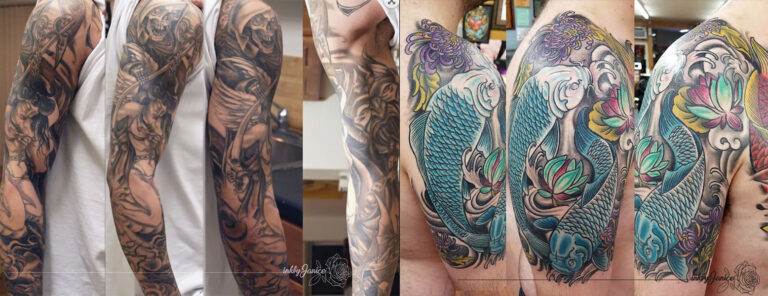 Close-up view of several tattooed arms; the tattoos feature various intricate designs including a large dragon on one and colorful koi fish on the other.