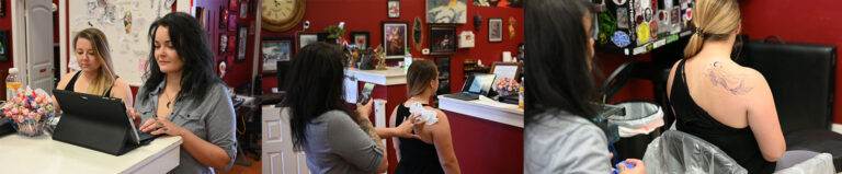 Three-image sequence: A woman at a tattoo parlor discusses designs with an artist, reviews a stencil on her back, and the artist begins the tattooing process on her upper back.