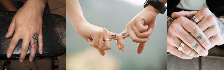 Three photos show close-up views of hands with finger tattoos: a rose, matching anchor and infinity symbols, and hands with ring and anchor tattoos, with men wearing rings.