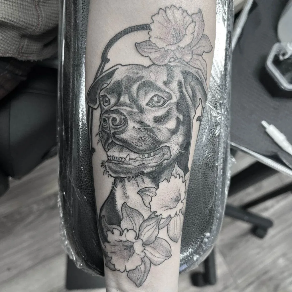 Black and gray tattoo of a dog's face among flowers on a person's forearm, viewed from above.