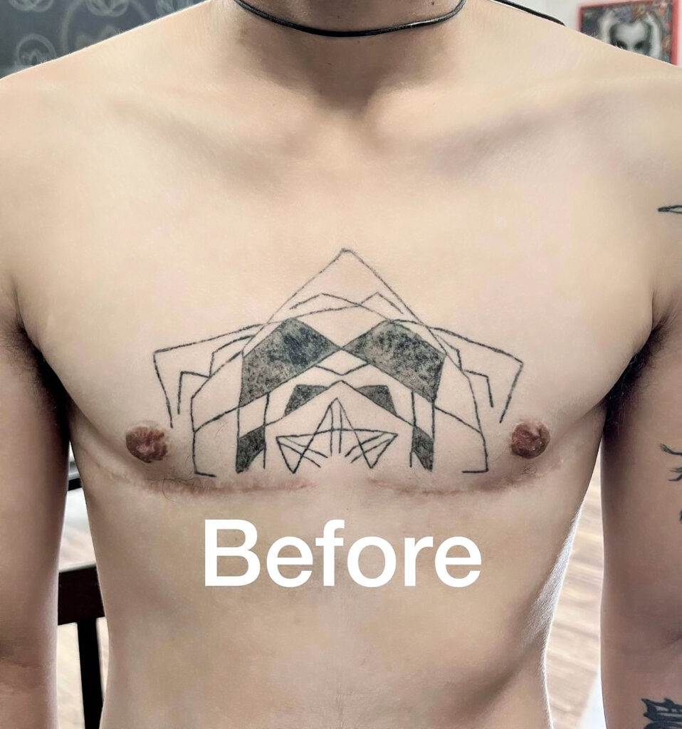 A person's bare chest with a geometric tattoo design in the center below the collarbones. The word "Before" is overlaid on the image.